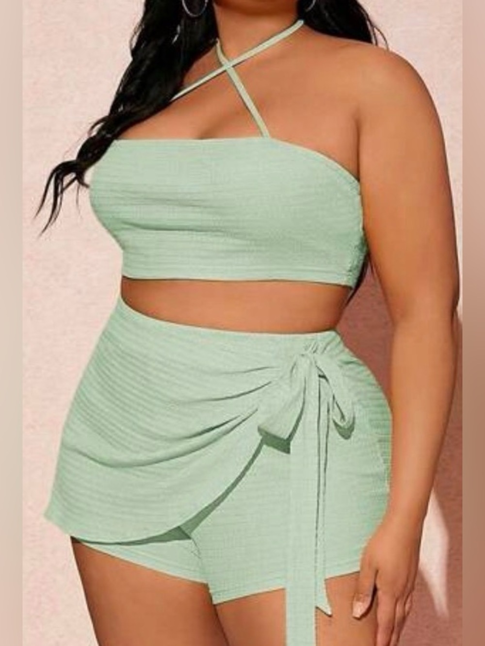 SHEIN Mint Green Wrap Mini Skort Set